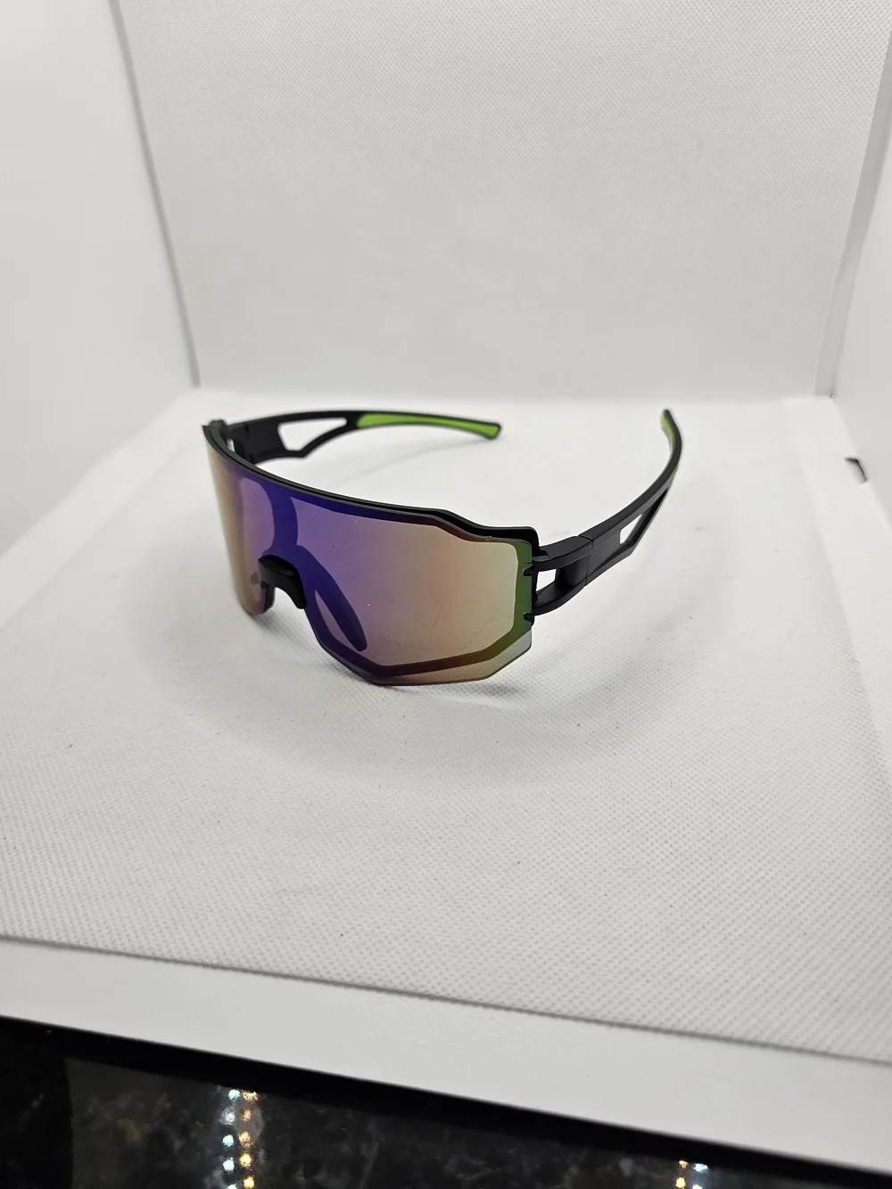 Sport Wrap Sunglasses - Black Frame with Green Accents and Mirrored Purple Lens